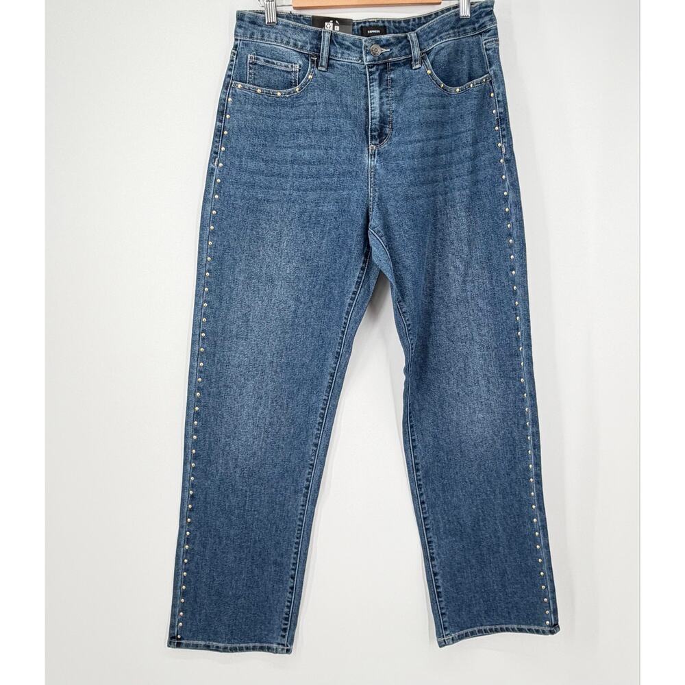 Express Embellished Stud Straight Leg Jeans NWT Size 8 Medium Wash Gold Studs - Picture 2 of 12